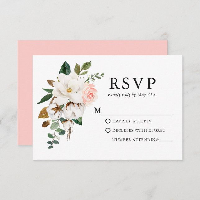 Hochzeitliche Watercolor Magnolias Rose Rosa Rosa RSVP Karte (Vorne/Hinten)