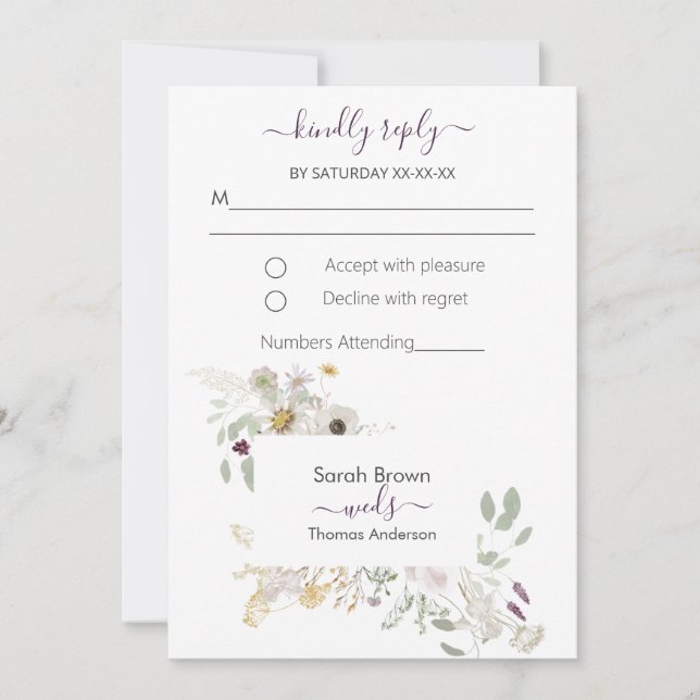 Hochzeitliche WILDBLUME GELB UND LILA Einladung (Vorderseite)