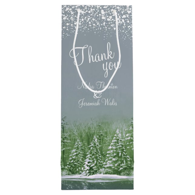 Hochzeitliche Winterpinienbäume, grüne graue Kunst Geschenktüte Für Weinflaschen (Rückseite)