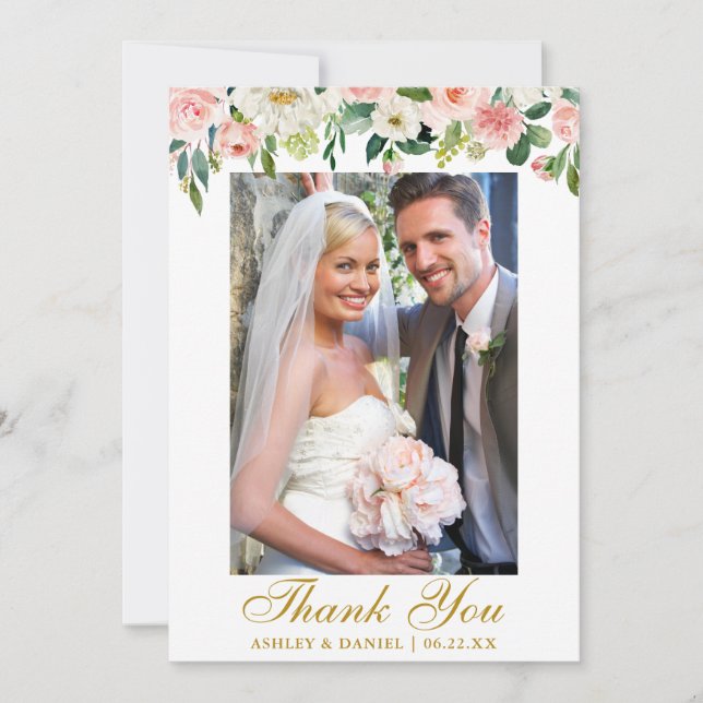 Hochzeitliches Aquarellfarben Rosa Foto Gold Dankeskarte (Vorderseite)