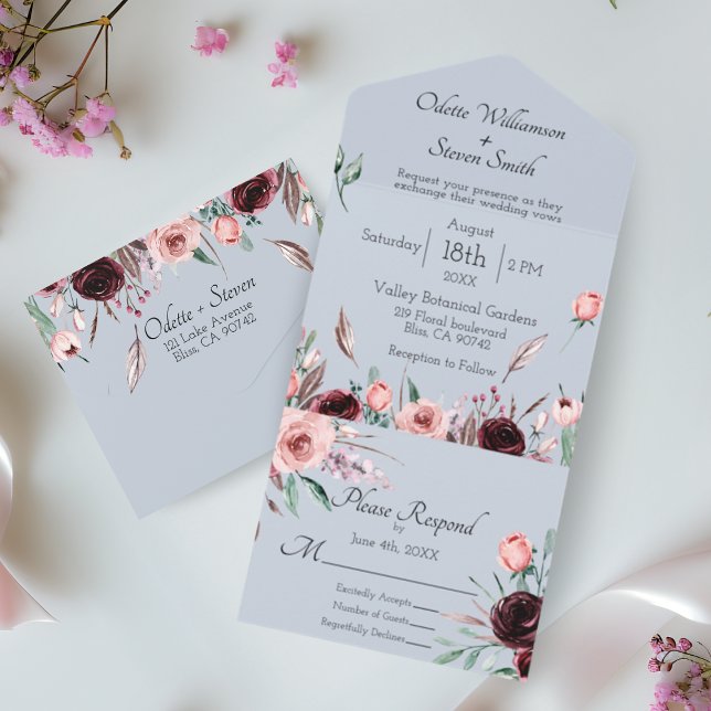 Hochzeitliches Dusty Blau und Rosa Wasserfarben All In One Einladung (Wedding Dusty Blue and Pink Watercolor Floral All In One Invitation)