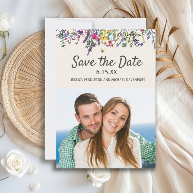Hochzeitliches Foto Aquarellfarben Wildblumen Crem Save The Date (Watercolor wildflowers wedding engagement photo Save the Date card)
