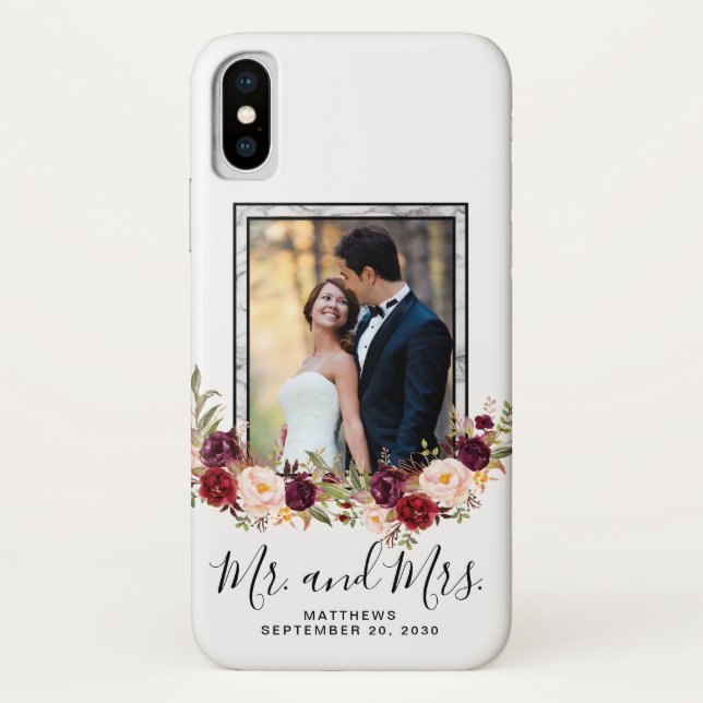 Hochzeitliches Foto Keepake Burgund Blumenmarmor Case-Mate iPhone Hülle (Rückseite)