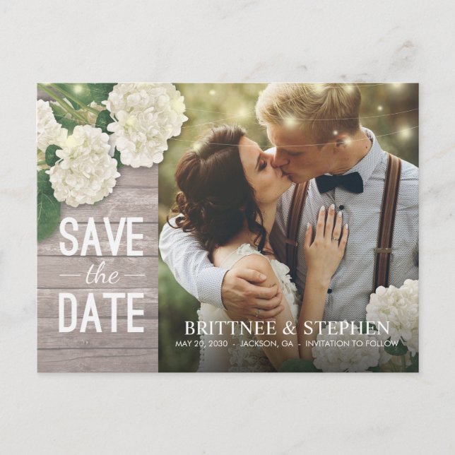 Hochzeitliches Foto Save the Date Hydrangeas Light Postkarte (Vorderseite)