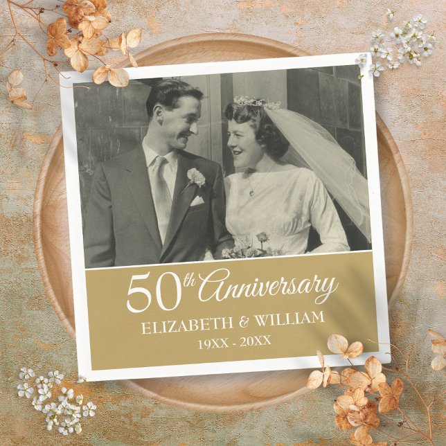 Hochzeitliches Foto zum 50. Jahrestag Elegant Gold Serviette (50th Anniversary Wedding Photo Elegant Golden Napkins)