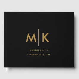 Hochzeitliches, modernes Monogramm-Schwarzes Gold Gästebuch