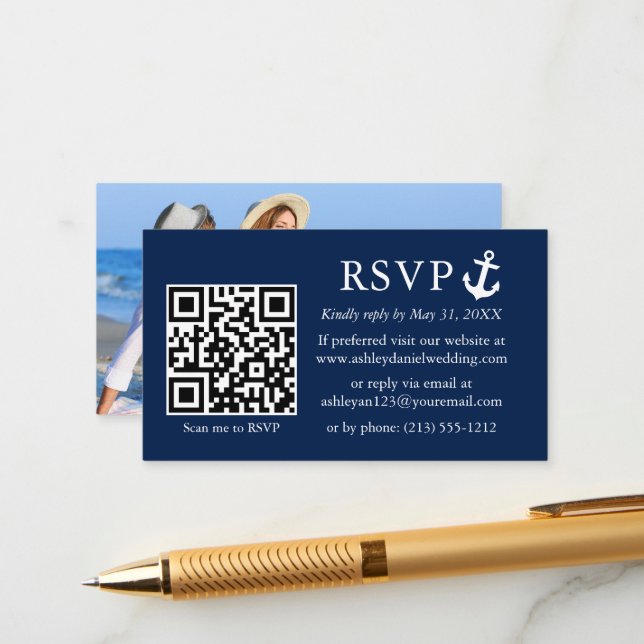Hochzeitliches Navy Blue Anchor UAWG QR Foto Begleitkarte (Vorderseite/Rückseite Beispiel)