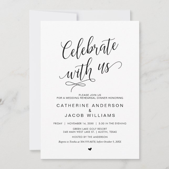 Hochzeitliches Probe Dinner, schlichtes Schwarz, Einladung (Vorderseite)