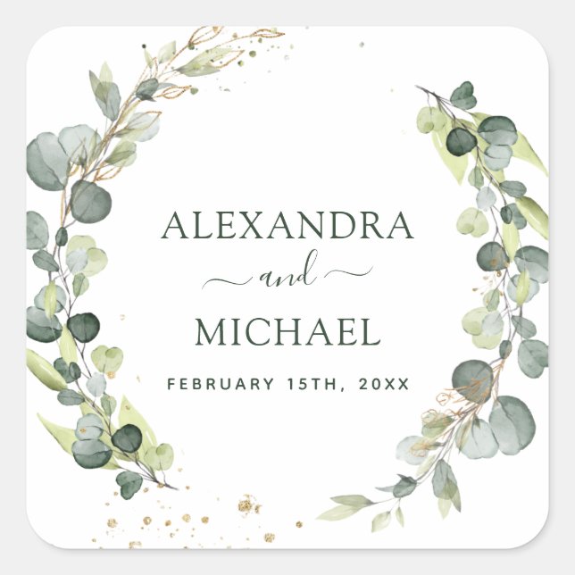 Hochzeitliches Siegel Eukalyptus Grüne Sukkulent Quadratischer Aufkleber (Vorderseite)