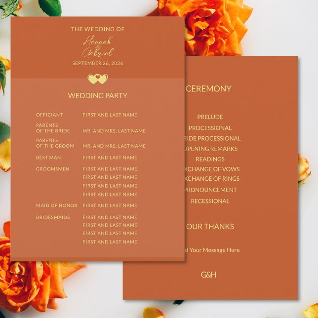 Hochzeitliches Terracotta Gold Flat Program Programm (Wedding Terracotta Gold Flat Program (front and back))