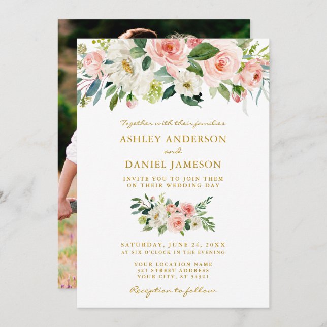 Hochzeitliches Watercolor Pink Floral Gold Foto Einladung (Vorne/Hinten)