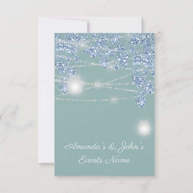 Hochzeitlichter Jars Rustikaler Glitzer Blaue Minz Einladung (Rückseite)