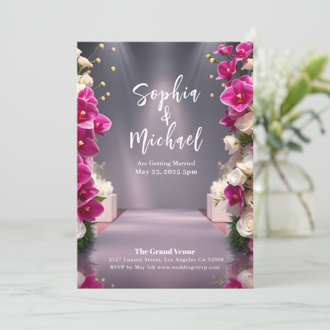 Hochzeitmagazin deckt Weiße Rosen und Orchideen ab Einladung (Stehend Vorderseite)