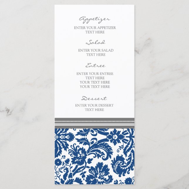 Hochzeitmenü Grau blaues Damask Muster Menükarte (Vorderseite)