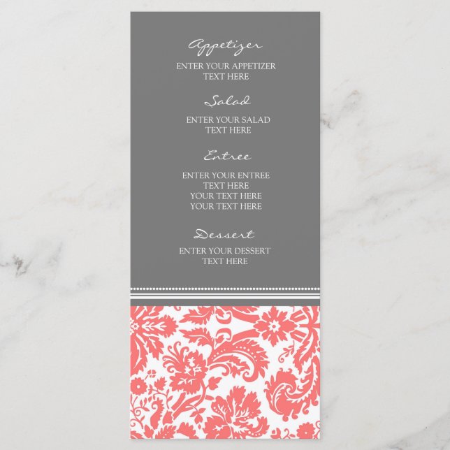 Hochzeitmenü Grau Coral Damask Muster Menükarte (Vorderseite)