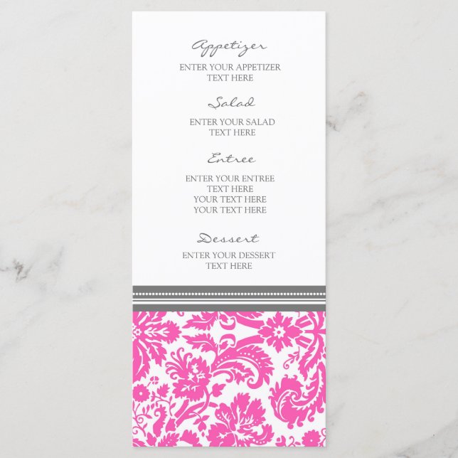 Hochzeitmenü Grau rosa Damasketmuster Menükarte (Vorderseite)