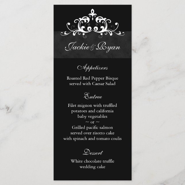 Hochzeitmenü Karten formale schwarze Verzierung (Vorderseite)