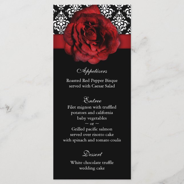 Hochzeitmenü Karten Rote Rose Damask (Vorderseite)