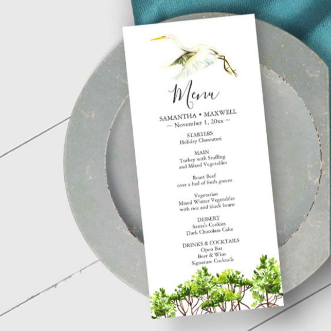 Hochzeitmenü Karten Wasserfarbener Weißer Heron (destination weddings Florida menu cards watercolor mangroves and great white heron Do Tell A Belle)