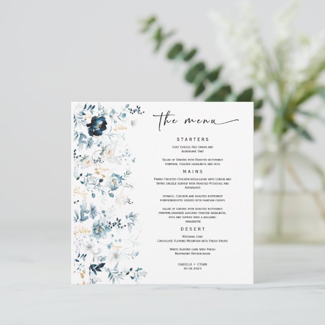 Hochzeitmenü Navy Blue und Gold Template Menükarte (Stehend Vorderseite)