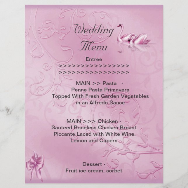 Hochzeitmenü Programm Rosa Schwäne Set (Vorderseite)
