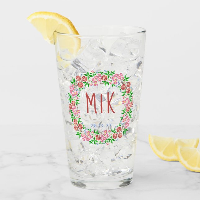 Hochzeitmongramm Hübscher Blumenkranz Verheiratet  Glas (Vorderseite Ice)