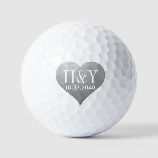 Hochzeitmonogramm-Anfangsdatum Silberherz Golfball (Vorderseite)