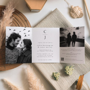 Hochzeitmonogramm Modernes Schwarz-weißes Foto QR- Dreifach Gefaltete Einladung