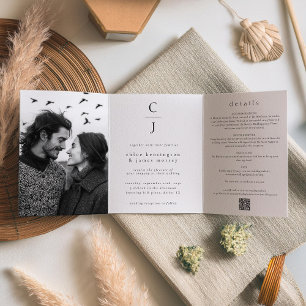 Hochzeitmonogramm Modernes Schwarz-weißes Foto QR- Dreifach Gefaltete Einladung