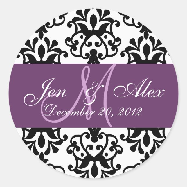 Hochzeitmonogramm Rett Datum Damaskop-Siegel Runder Aufkleber (Vorderseite)