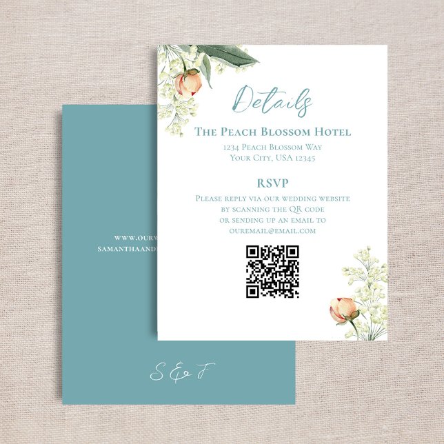 Hochzeitpeach Blue Details QR Code UAWG Begleitkarte (Wedding details card with a scannable QR code template. )