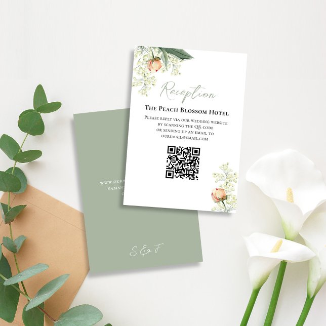 Hochzeitpeach Empfang QR Code UAWG Begleitkarte (Elegant wedding RSVP card with watercolor peach floral design)