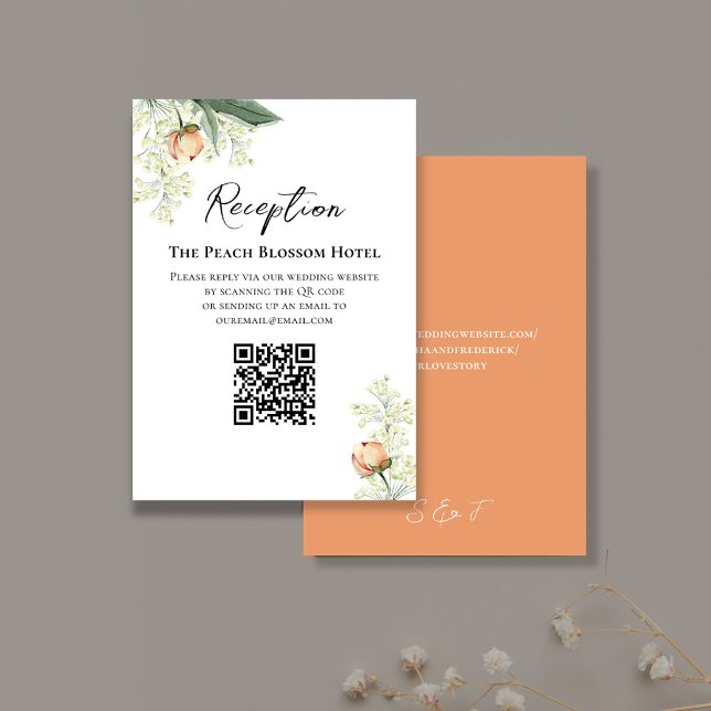 Hochzeitpeach Empfang QR Code UAWG Begleitkarte (Elegant wedding RSVP card with watercolor peach floral design.)