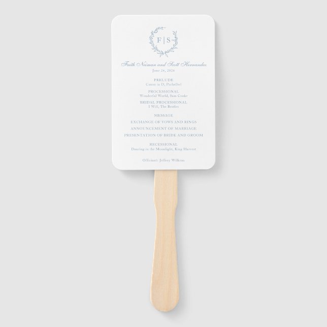 Hochzeitprogramm Fan Light Blue Monogram Wreath Fächer (Vorderseite)