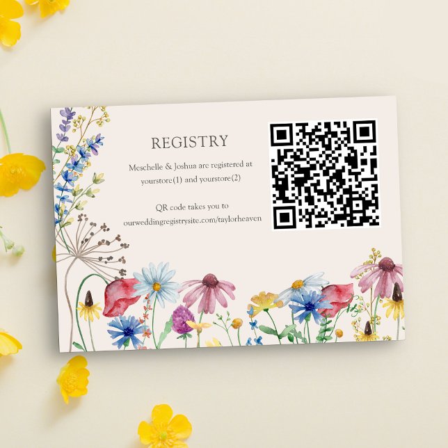 Hochzeitregister QR-Wildblume Begleitkarte (Wedding Registry card with qr code, custom store name(s) and registry website address.)