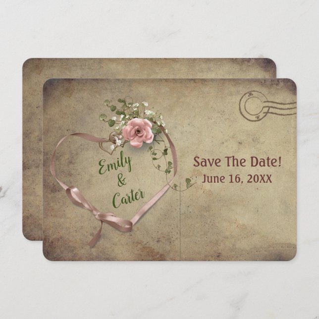 Hochzeitrosa Band Herz Save the Date (Vorne/Hinten)