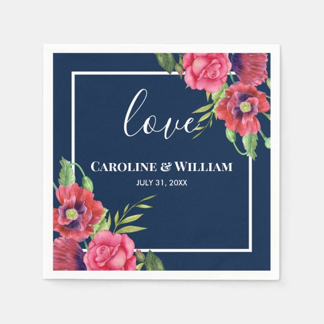 Hochzeitrot und rosa Blume Dunkelblau Serviette (Vorderseite)