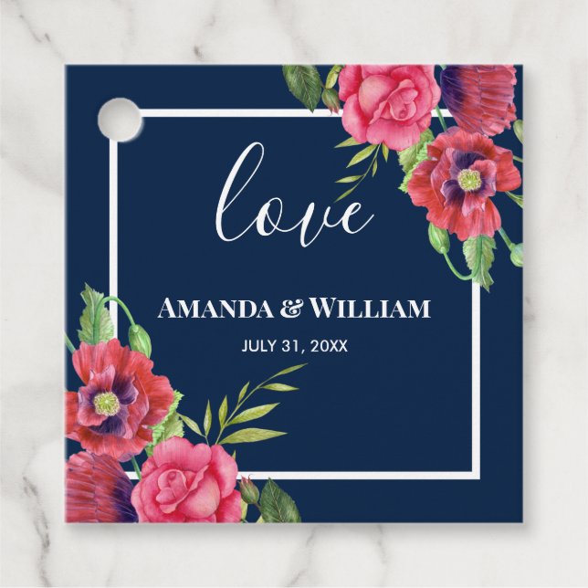 Hochzeitrote und rosa Blume Dunkle Marine Geschenkanhänger (Vorderseite)