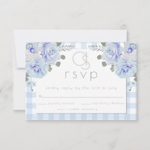 Hochzeits-Antwort    Monogramm Blau Gingham Blumen RSVP Karte