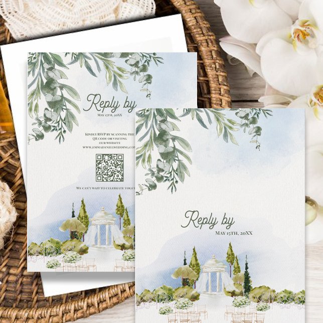 Hochzeits-Antwortkarte des Estate Garden Pavilions RSVP Karte (Estate Garden Pavilion Wedding RSVP Card with QR Code | Watercolor Garden Venue Reply Card)
