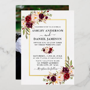 Hochzeits-Aquarell Burgunder Floral Foto Gold Folieneinladung
