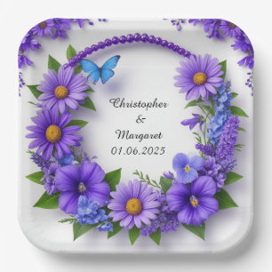 Hochzeits-Blumenrahmen mit farbenfrohen Blumen Pappteller