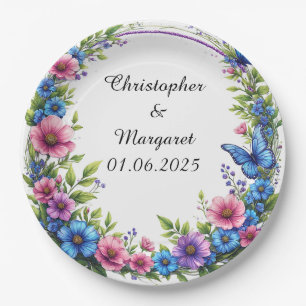 Hochzeits-Blumenrahmen mit farbenfrohen Blumen Pappteller