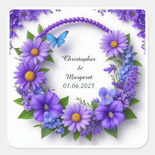 Hochzeits-Blumenrahmen mit farbenfrohen Blumen Quadratischer Aufkleber