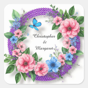 Hochzeits-Blumenrahmen mit farbenfrohen Blumen Quadratischer Aufkleber