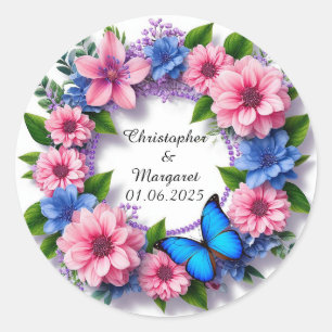 Hochzeits-Blumenrahmen mit farbenfrohen Blumen Runder Aufkleber