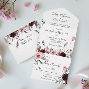 Hochzeits-Blush-Pink und Burgunderrot Florale Wass All In One Einladung