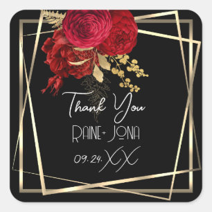 Hochzeits-Brautparty-Geschenk Rot Floral Schwarz  Quadratischer Aufkleber