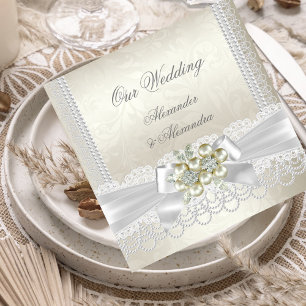 Hochzeits-Cream-White-Perlen-Spitze-Damask-Diamant Einladung