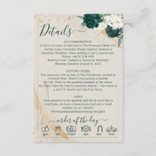 Hochzeits-Creme-Details Smaragdgrüne Rosenblüten Begleitkarte